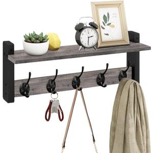 Homode Wall Hooks with Shelf, Coat Rack Wall Mount, Entryway Shelf with Hooks for Clothes, Backpack, Key, Purse - Rustic Grey (17.1 Inch Long)