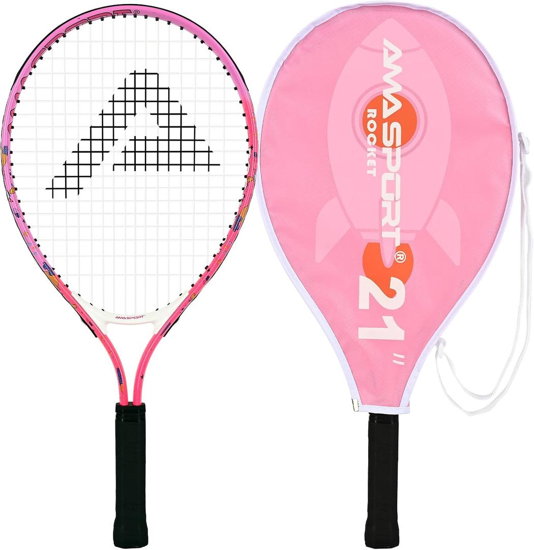 AMA SPORT Kids Tennis Racket 21 Inch Tennis Racket for Kids Girls Beginners Starter Junior Pink Racquet with Shoulder Strap Bag (Age 5-6)