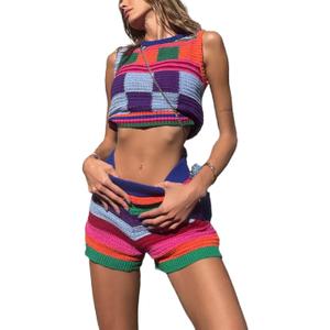 Women Sleeveless Bodycon 2Pcs Knitted Shorts Set Strap Crop Top Cami High Waist Shorts Summer Tracksuits Streetwear (S)