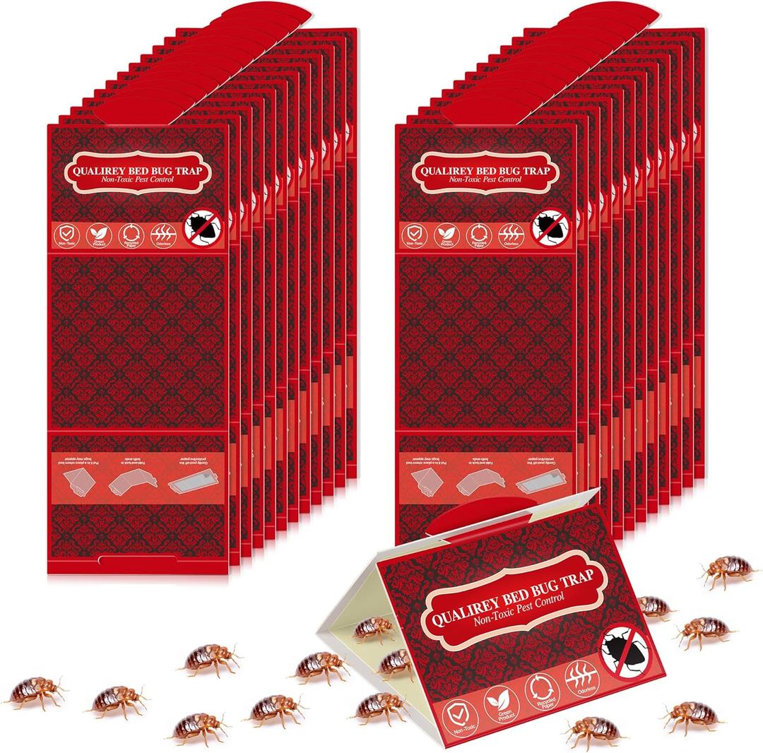 Qualirey 24 Pack Bed Bug Traps, Non Toxic Bedbug Detector for Bed Legs, Bedbug Interceptors Attracts Bedbugs, Early Detection Glue Traps, Indoor Bug Control for Home Travel(Red,Triangle)