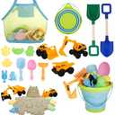 Beach Toys, 14Pcs Sand Toys with Construction Vehicle and Collapsible Beach Bucket, Animal Sand Mold Sets, Watering Can,Shovel Set with Mesh Bag,Summer Outdoor Play Travel Sandbox Gift for Boys Girls