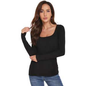 AmlieBoutik Women Scoop Neck Long Sleeve Scalloped Cuff Ribbed Pullover Sweater (Large, Black)