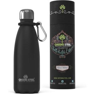 Greens Steel Stainless Steel Water Bottle - 12 oz, Black | Vacuum Insulated Double Wall with Screw Lid/Leak Proof | Thermal Travel Sports Canteen Coffee Flask