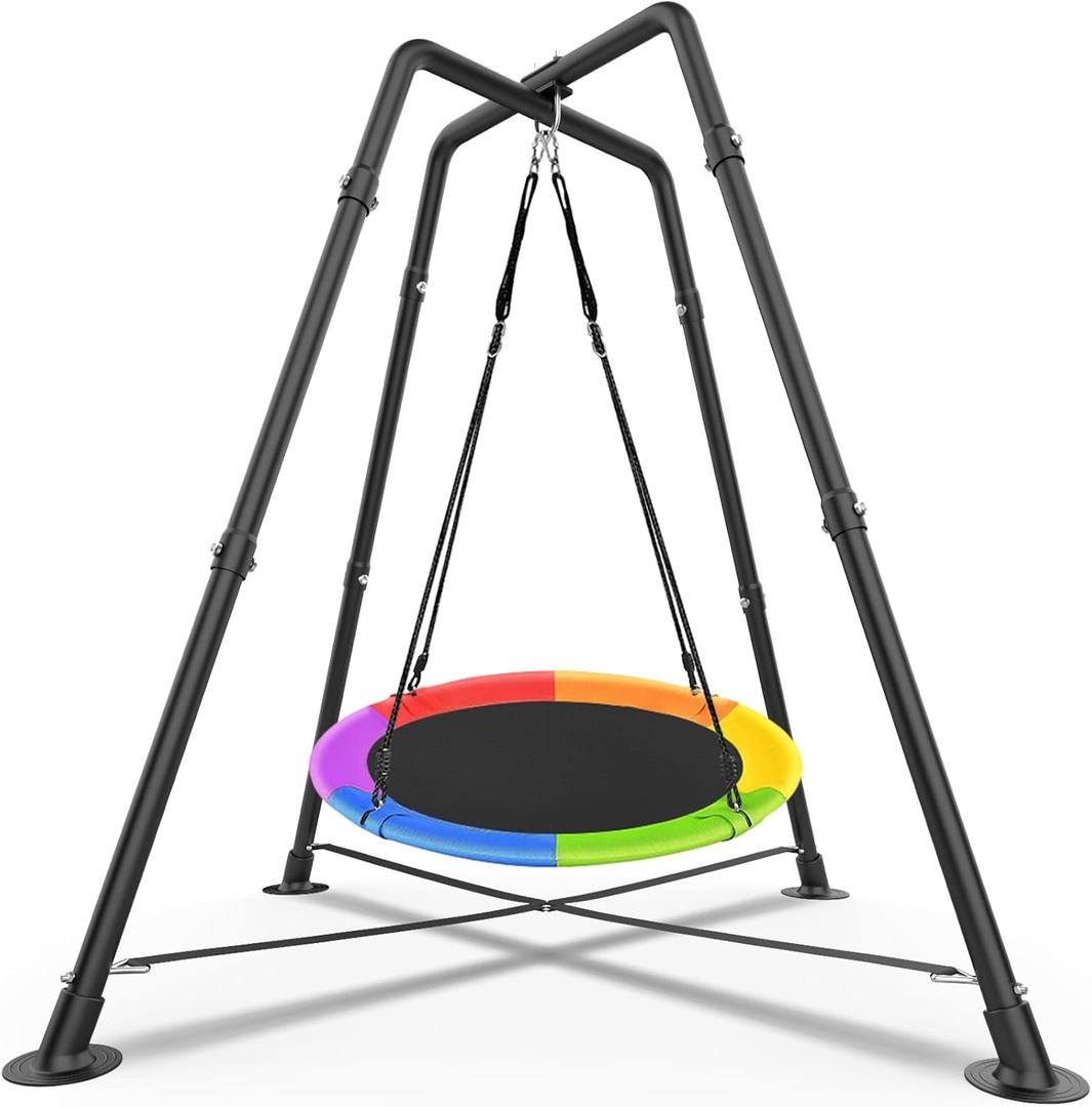Swing Set with 35'' Saucer Swing, Sensory Swing Set, Metal Swing Stand with Saucer Swing, X-Shaped Swing Frame, Hammock Chair with Stand, w/4 Ground Stakes, for Indoor and Outdoor 330LBS (Multicolor)