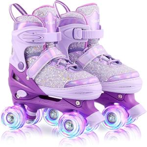 Roller Skates for Girls Kids Child Beginners, 4 Size Adjustable Light up Wheels Fun Illuminating Purple Pink Skates for Boys Toddlers Patines (Medium - (US 13C-3))