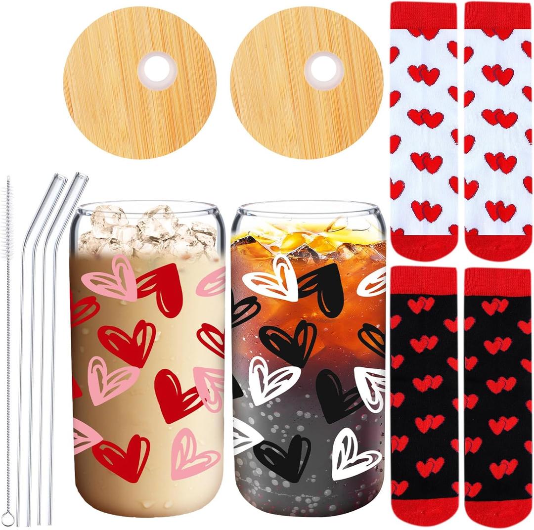 Domensi 2 Sets Galentines Day Gifts 20 oz Glass Cups with Hearts Socks Valentines Day Gifts Conversation Heart Cups Tumbler with Lids and Straw Iced Coffee for Galentines Couple Lover(Red, Black)