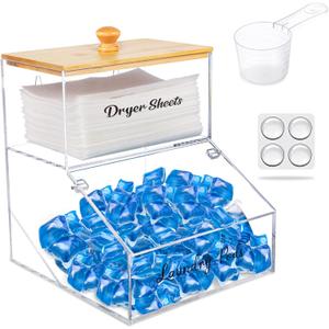 2 In 1 Laundry Pods Container & Dryer Sheet Holder, Acrylic Dryer Sheet Container with Bamboo Lid, Clear Dishwasher Pod Holder with Stickers for Laundry Room, Kitchen, Home