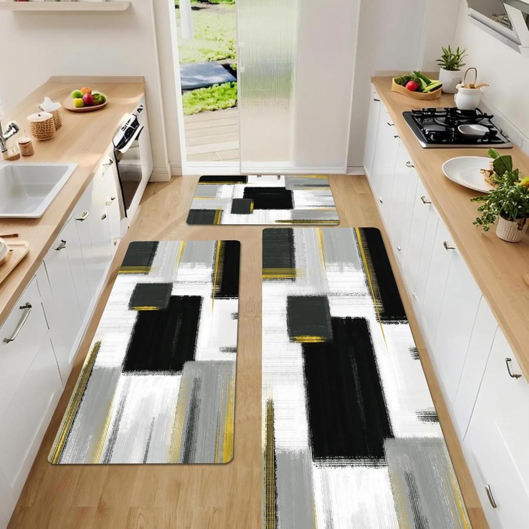 Kitchen Rugs Sets of 3, Non Slip Washable Kitchen Mats for Floor, Anti-Fatigue Runner Rug with Rubber Backing, Waterproof Kitchen Rug Set for Laundry, Floor, Office, Hallway (Black)