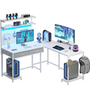 SEDETA White L Shaped Gaming Desk with LED Lights and Drawers, Gaming Desk with Hutch & Pegboard, Computer Desk with Monitor Stand, Storage Shelves, Home Office Desk Corner Desk, Gaming Table