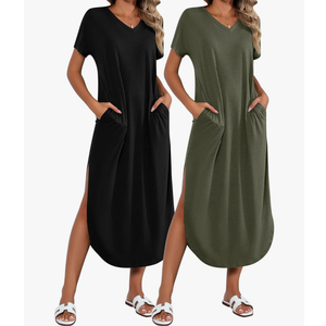 Riyiper 2 Piece Women's Short Sleeve Maxi Dress with Pockets V Neck Split Casual Loose Long Summer Beach Shirt Dress, Size XXL