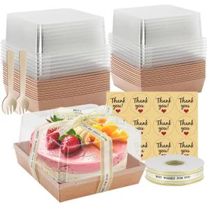 7 x 7 x 4 Inches Paper Charcuterie Boxes with Clear Lids, 25 Pack Large Clear Cake Boxes for 4-6 Inch Cake, Disposable Bakery Boxes Food Containers for Cupcakes,Pie,Cookies, Cocoa Bomb Brown