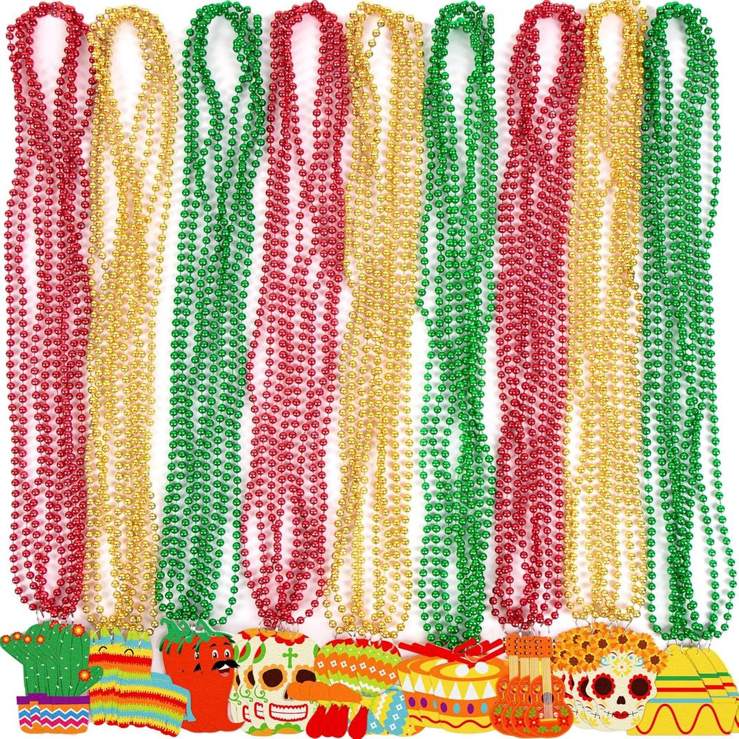 Geefuun 36 Pcs Mexican Party Favors, Fiesta Beaded Necklaces Bulk with Colorful Felt Pendants for Cinco de Mayo, Taco Tuesday & Mexican Themed Birthday Decorations(9 Styles)