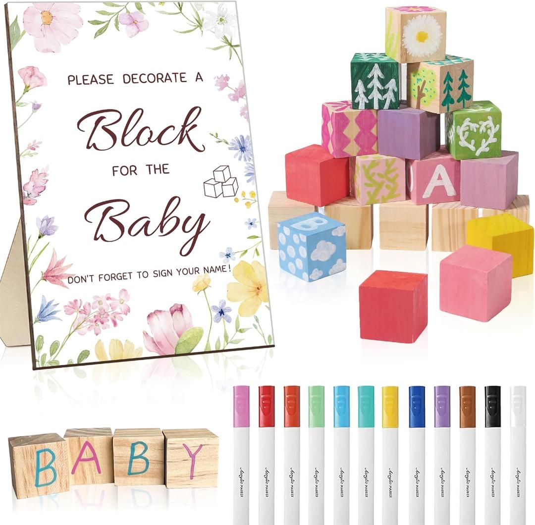 Baby Shower Games, 43PCS Decorate A Block Baby Shower Game Kit Including 1 Wooden Sign 30 Blank Blocks 12 Color Markers, Baby Shower Decorations, Gender Reveal Games for Guests (Wildflower)