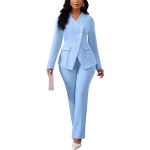 Mintsnow Pant Suits for Women Dressy Long Sleeve Blazer Pants Sets for Work | Business Casual Outfits for Women Soild Color Diagonal Button Blazer Jacket and Wide Leg Pants Suit Sets for Church, XXL