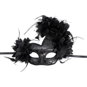 Abirfig Masquerade Mask, Feather Flower Decorated, Venetian Style Costume Party Mask Props (Heart Black)