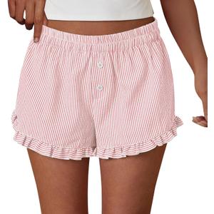 PRETTYGARDEN Womens Boxer Shorts Y2K Ruffle Pajama 2026 Summer Spring Lounge Sleep Striped Casual Beach Pj Bottoms Pockets (Large, Stripe Light Pink)