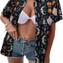 Halloween Button Down Shirts for Women Pumpkin Skull Print Blouses Hocus Pocus Hawaiian Holiday Short Sleeve Tops (Black, M)