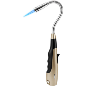 Butane Lighter Torch Long Jet Flame Windproof Lighter with Visual Fuel Window for Fireplace Kitchen Grill BBQ Camping, Gold (No Butane Included)