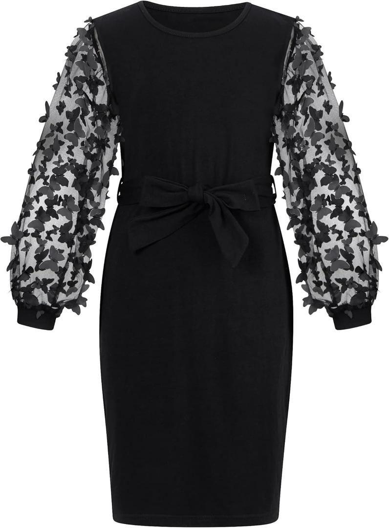 ALISISTER Girls Dresses Mesh Puff Long Sleeve Dress with Butterflies, Size 10 T