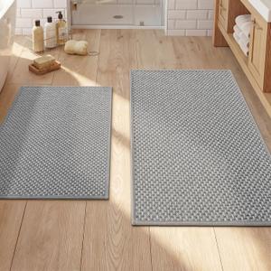 YIHOUSE Thin Bath Mat Grey Bathroom Rugs Sets 2 Pieces, Non Slip Absorbent Mats Quick Dry, Woven Rugs Washable, Tapetes para Bao for Bathroom Toliet,Bathtub(17"x24"+17"x32")