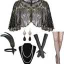 1920s Flapper Accessories Set, Roaring 20s Accessories Women Feather Headpiece Necklace Earrings Long Gloves,Black Gold