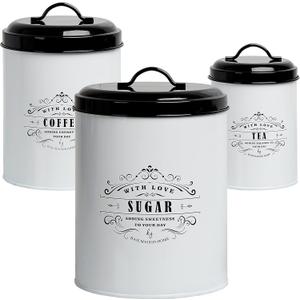Baie Maison Farmhouse Kitchen Canisters Set of 3 - Extra Large, Large, Small - White & Black French Country Style - Sugar, Coffee, Tea Countertop Containers - Rustic Metal Kitchen Food Storage & Decor
