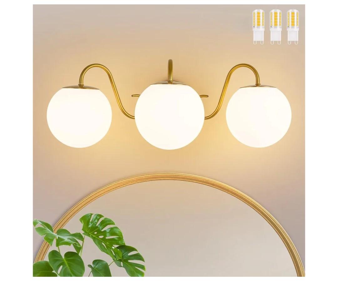 3 Lights Vintage Bathroom Vanity Light Fixtures Over Mirror, Brushed Gold Vanity Lights For Bathroom With Milk White Glass Globe Shade, Wall lights For Bedroom, Hallway, Dressing Table,Includ G9 Bulbs