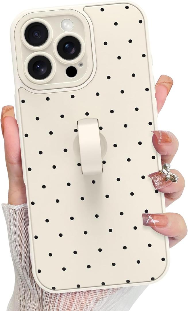 KANGHAR Compatible with iPhone 16 Pro Case, Silicone Spot Cute Pattern, Wristband Kickstand Camera Protection Soft Slim Cover for Girls Women -White