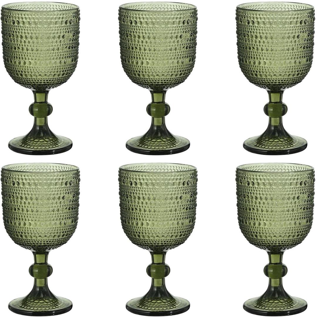 Glasses Drinking Wine Water Goblets Green Glassware set of 6 Vintage Stem Glasses Stemware 12 Ounces for Wedding Party Bar Twill Pattern Striped 350 ml