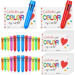 24 Set Valentine Cards and Ballpoint Pen Gift 24 Pcs Mini Shuttle Pens 0.5mm Multicolor Retractable Pens, Greeting Cards for Party Supplies Prize