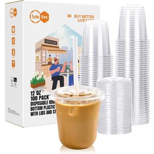 Turbo Bee 100 Pack - 12 OZ Round Bottom Plastic Cups with Lids and Straws, Disposable Clear Iced Coffee Cups with Lids for Cold Drinks and Beverages