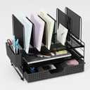 LEKETREE Desk Organizer, Office Organization with Vertical File Holder, File Organizer with Drawer and Pen Holder, Desk Accessories and Workspace Organizers for Home Office (Black)