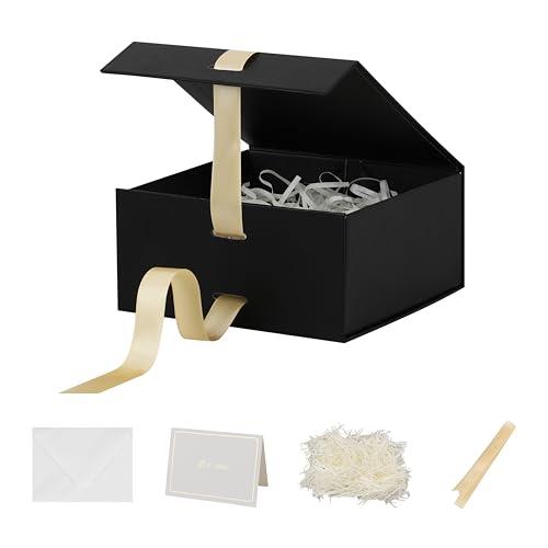 Skivra Black Gift Box with Ribbon - 12 Pack,  Rectangle Collapsible Luxury Gift Box with Magnetic Lid Closure, Shredded Paper Filler & Card