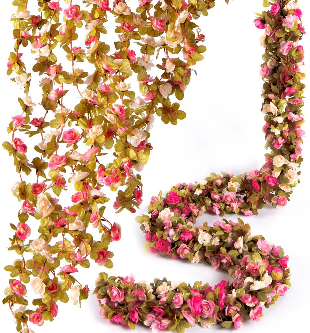 Artificial Flower Garland 8pcs 8.2ft Rose Vine Decor, Champagne Pink Flower