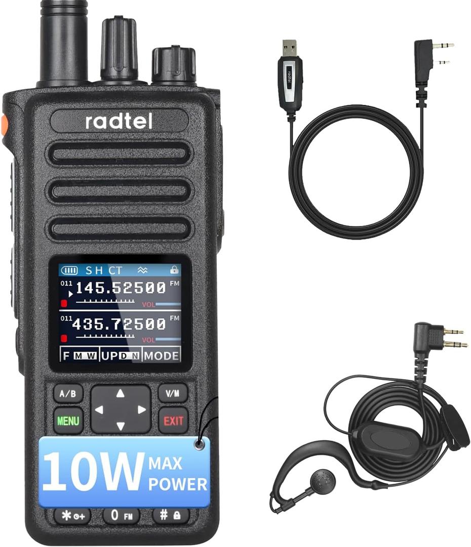 Radtel RT-730 10W Heavy Duty Long Range Walkie Talkie, Tri Band Rechargeable Ham Radio, 199CH with USB-C Battery, NOAA, AM Aviation, Dual PTT for Biking, Camping, Jobsite (with Prog Cable,Headset)