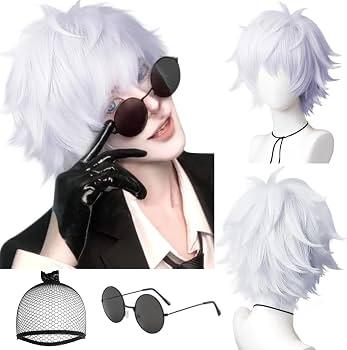 TANTAKO Short Gray Wig with Black Headband Mask and Glasses for Halloween Cosplay Costume