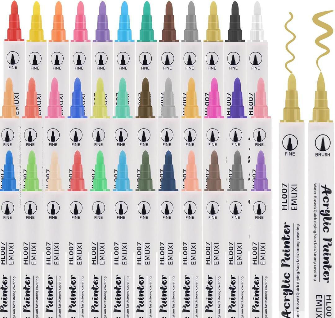36 Colors Acrylic Paint Markers Pens Set Dual Tip with Fine and Brush for Paper Metal Rock Wood Plastic Canvas Ceramics DIY Crafts Drawing Art Supplies
