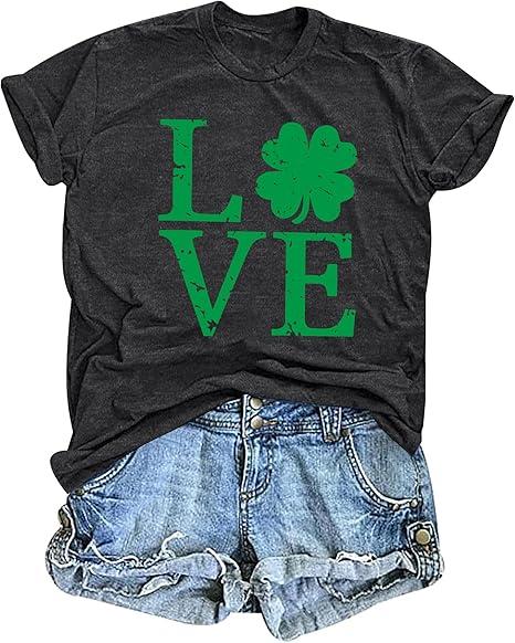 Love Shamrock Graphic St Patrick's Day Cute T-Shirt Women's Lucky Clover Irish Tees Short Sleeve Casual Tops (Small, Dark Gray)