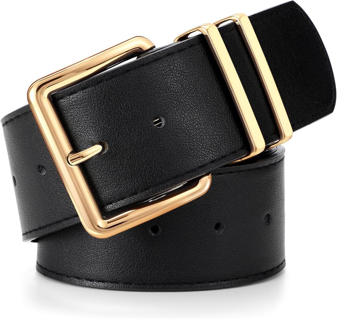 WERFORU Women Wide Belt for Dresses Thick Leather Belt with Big Gold Buckle Fahion Women Chunky Belt (Fit waist size 39"-45", C-black(leather,full-hole))