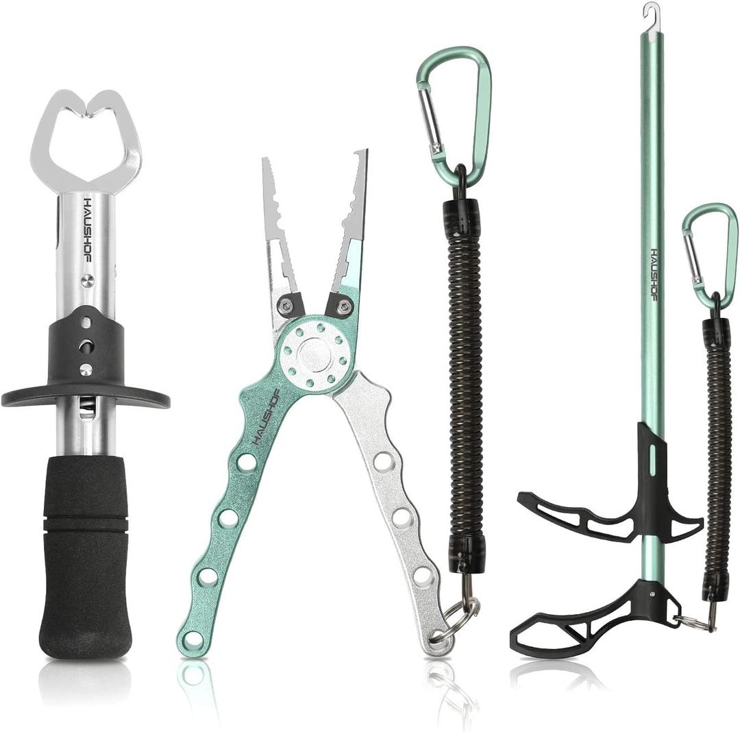 HAUSHOF Fishing Tool Kit, Aluminum Fishing Pliers, Stainless Steel Fish Lip Gripper, Fish Hook Remover with Safety Coiled Lanyard and Sheath, Gifts for Men Women (Light Green)