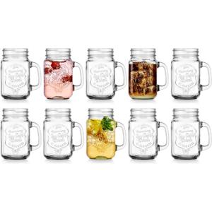 Glaver's Set of 10 Ice Cold 16 Oz. Mason Drinking Glasses With Handles. Quality Refreshing Ice Cold Embossed Logo Jars for Beverages, Cocktails, Shakes, Smoothies, Sodas, Juice.