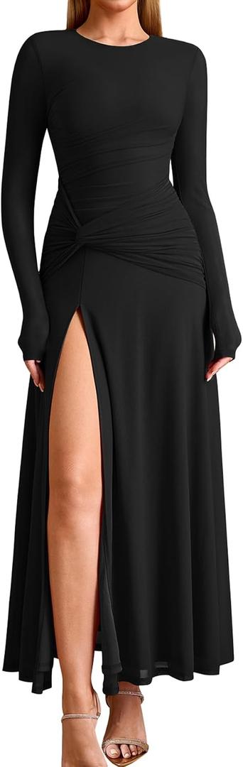 KUTUMAI Long Sleeve Slit Formal Dresses for Women 2025 Fall Wedding Guest Cocktail Party Modest Ruched Maxi Dress (Black, S)