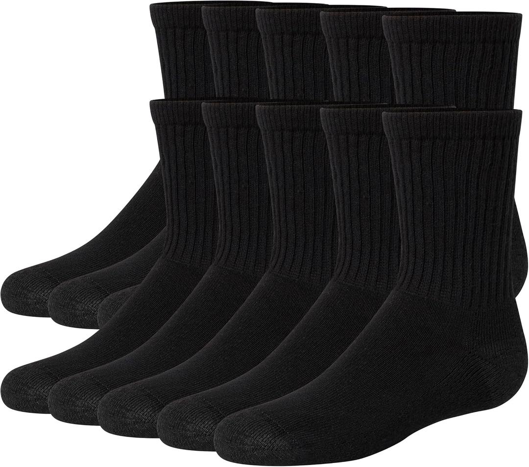 Hanes Boys' Uniform Crew, Moisture-Wicking Socks, Cushioned Foot Bottoms, 10-Pairs (Medium, Black)