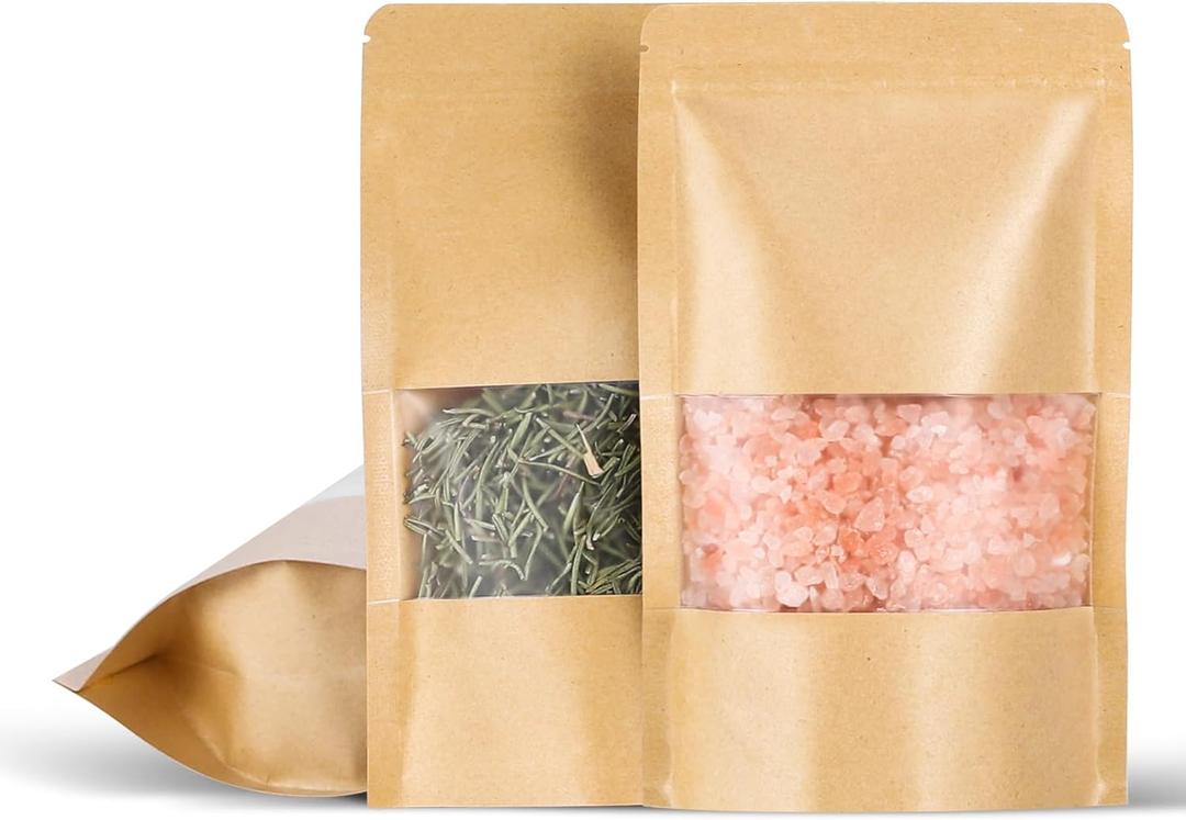 100 Pcs 5x8 Inch Kraft Paper Bags with Transparent Window, Stand Up Pouches,Smell Proof Bags,Resealable Bags for Small Business, Zipper Food Storage,for Packaging Snacks Cookies Candy