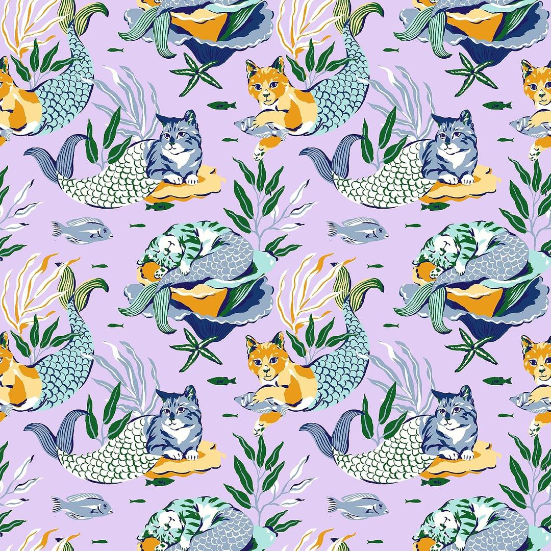 NuWallpaper x Printfresh Meowing Mermaids Lavender Peel and Stick Wallpaper, PFS6392