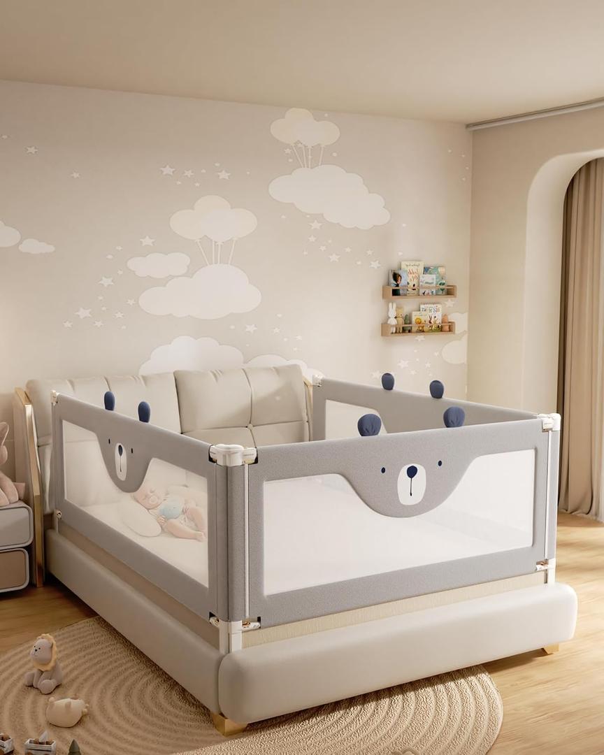 Baby Bed Rail Guard for Toddlers, Reinforced 74.8in Toddler Bed Rails for Twin, Full, King Bed with Height Adjustable, Extral Tall Child Safety Side Railing Guards/Bedrail for Kids, Grey Bear, 1 Side, 1 Side 74.8"Lx28"H