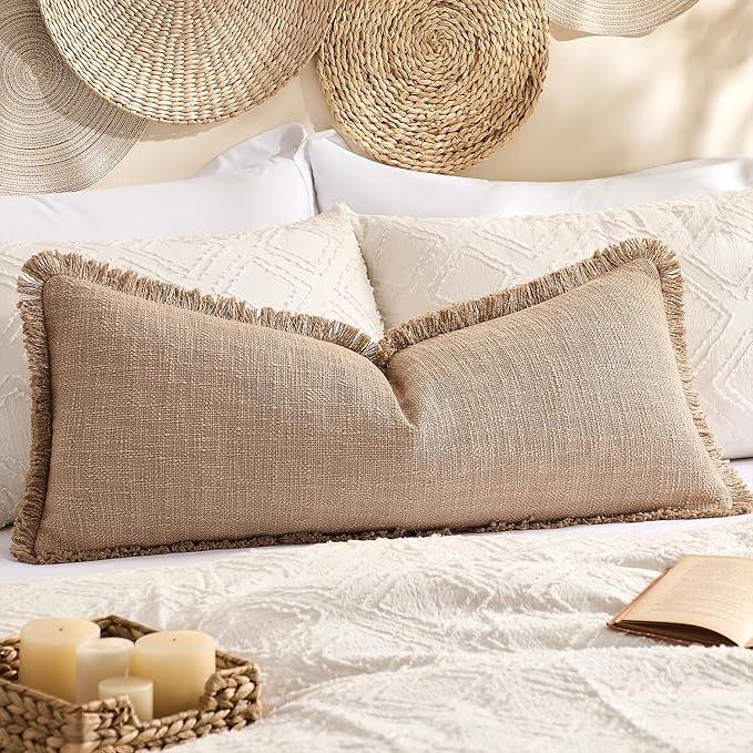 Kevin Textile 14x36 Inch Long Lumbar Pillow Cover 1 Pack Boho Fringe Decorative Rectangle Cushion Case with Tassels Neutral Cotton Woven Textured Farmhouse for Living Room Couch Sofa Bed, Khaki Brown