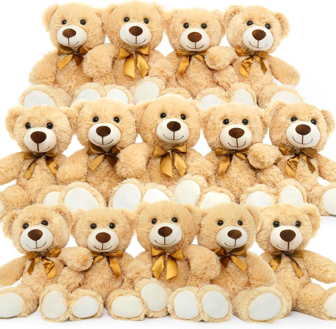MorisMos 14Pcs Teddy Bears Bulk Baby Shower, 14inch Cute Teddy Bear Stuffed Animal Plush, Small Stuffed Bears on Centerpiece Baby Shower, Kids Party Favors, Brown