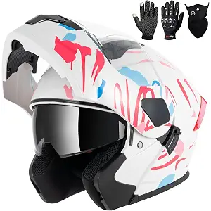 Adult Modular Motorcycle Helmets, DOT Approved Flip up Dual Visor Full Face Helmet for Men Women Moto ATV UTV Snowmobile ADV Four Wheeler Street Bike with Gloves & Mask (Pink Blue White, S)