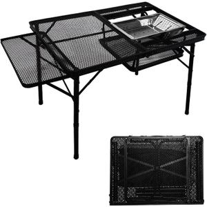 4ft Folding BBQ Table with Wing Plate, Height Adjustable Metal Table with Small Charcoal Grill, Portable Outdoor Table Removable to Two Tables (Bright Black)